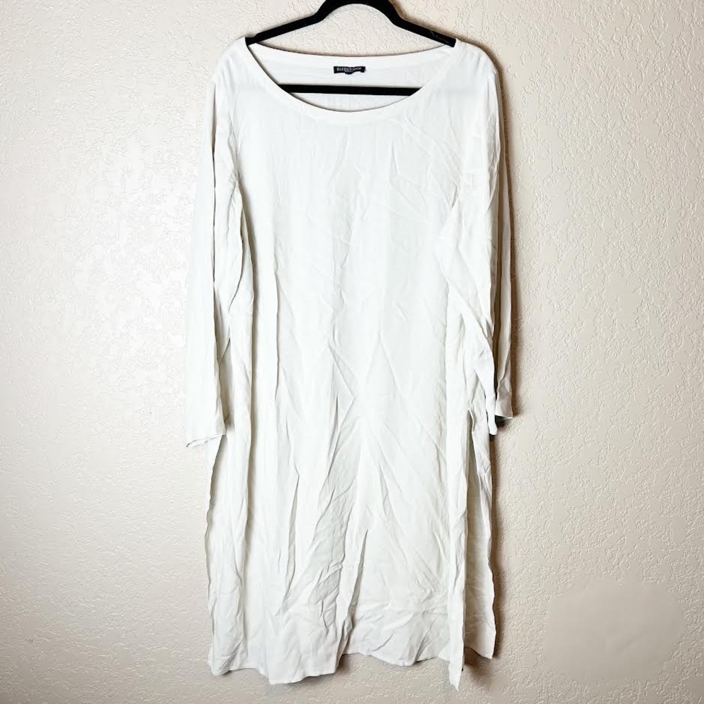 Eileen Fisher 100% Silk pullover cream slitted dress